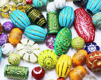 Bohemian Mix Beads, Colorful Special, Boho Ethnic Tribal Style, Acrylic, For DIY Craft Accessories Mix Pack, Flower, Hippie, Red Green Blue