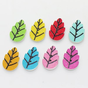 Blattholzknopf, Regenbogenfarben, Blattform, zwei Löcher, 20 mm, Rosa Gelb Blau Grün Rot Orange, Kleine Flache Größe, Wintergartenstil