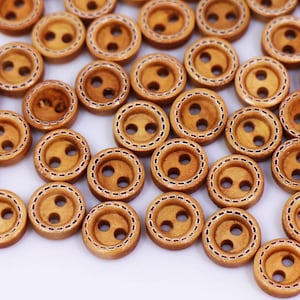 Mini Wooden Buttons, Extra Small Size, Two Holes, Brown Color, For Sewing Blouse Shirt, 9mm, 0.35inch, Vintage Style, Raised Edge