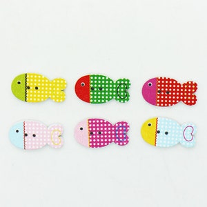 Fisch Holzknopf, Meerestier, 2 Löcher, 25 mm, 1 Zoll, Farben sortiert, Rosa Grün Rot Gelb Blau, Kinder Kinder DIY, Küstenparty