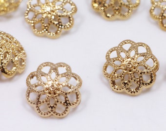 Gold Flower Metal Shank Buttons, Floral Filigree, Flower Cutout, Vintage Style, Elegant Classy, For Sewing Coat Jacket, 18mm, 0.7inch, Large