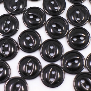 黒猫目ボタン、2穴、小サイズ、樹脂製、9 mm、10 mm、11.5 mm、20個、縁が盛り上がっている、光沢仕上げ、丸型、極小
