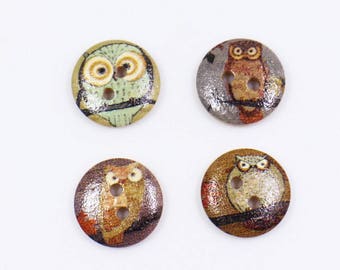 Owl Wooden Button, Vintage Styel, Bird Owls Print, Natural Wood Made, Two Holes, Small Size, Round Shape, Decoration Material, 15mm,0.59inch