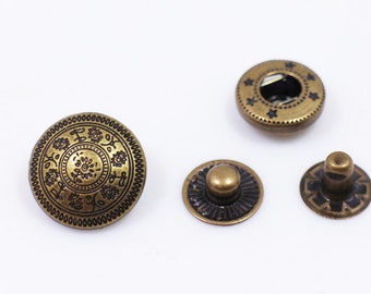 Boutons à pression en métal fleuri, boutons rembourrés, goujon de presse couleur bronze antique, attache Snap, fermeture en cuir, modèle 633, 15mm