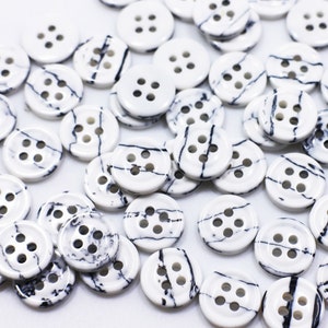 White Marble Pattern Button, White and Black, Four Holes Resin Button, Shirt Blouse Pajama Button, Round Shape Button, Small Button, 11mm
