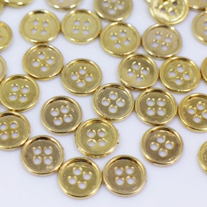 Gold Metal Button, Golden Color, Four Holes, Raised Edge, For Sewing Blouse Shirt, Vintage Style, 10mm, 0.4inch, Round Shape, Shiny Classy