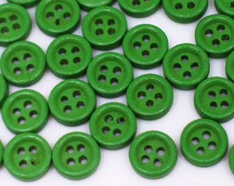 Tiny Green Wooden Button, Extra Small Size, Natural Wood Materials, 4 Holes, Raised Edge, 9mm, 0.35inch, Colorful Simple, Bright Green Color