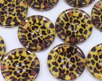 Boutons imprimé léopard, couleur marron jaune, motif imprimé animal, quatre trous, bord surélevé, veste manteau, sauvage sexy élégant, 18 mm, 25 mm, 1 pouce