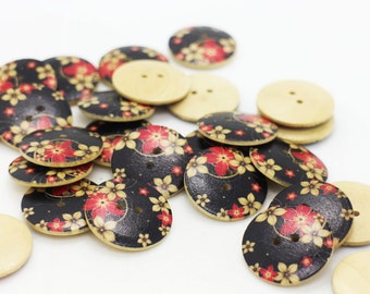 木製盆 黒ボタン花模様 M-127-9 黒桜木製ボタン、25 mm、0.98 インチ、大きいサイズ、日本の花柄