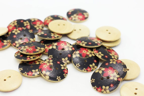 黒桜木製ボタン、25 mm、0.98 インチ、大きいサイズ、日本の花柄