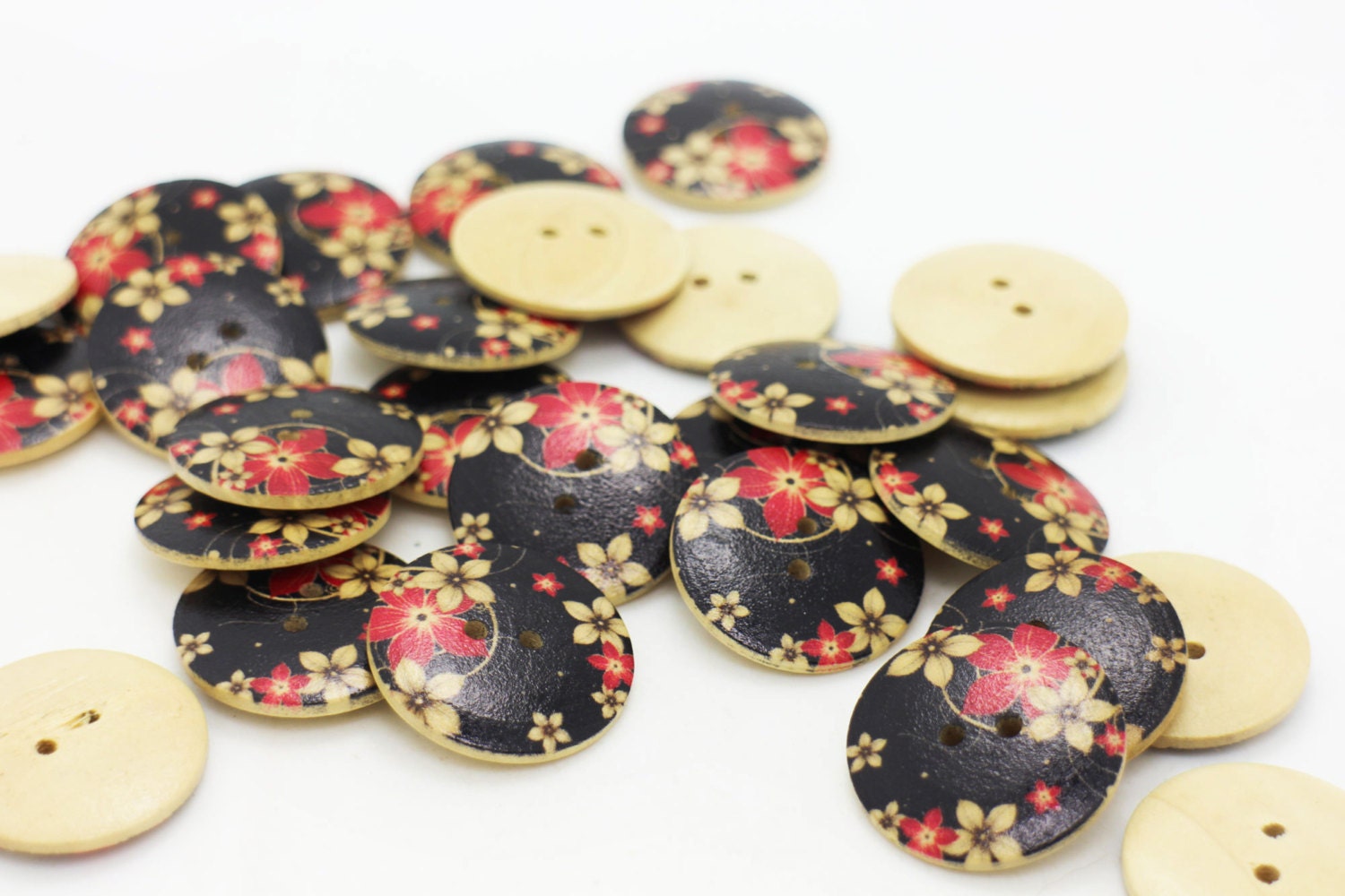 黒桜木製ボタン、25 mm、0.98 インチ、大きいサイズ、日本の花柄