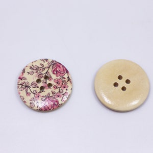 Pink Rose Wooden Button, Large Flower Pattern, Floral Print, Natural Wood, Four Holes, 30mm, 1.18inch, Pink and Beige, Vintage Style image 5