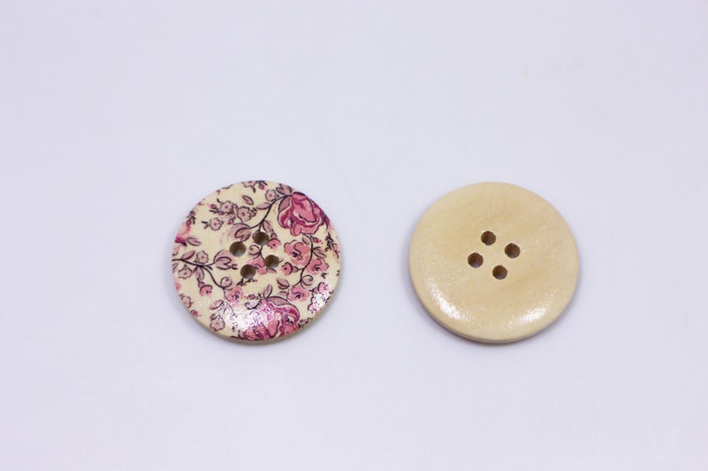 Pink Rose Wooden Button, Large Flower Pattern, Floral Print, Natural Wood, Four Holes, 30mm, 1.18inch, Pink and Beige, Vintage Style image 5