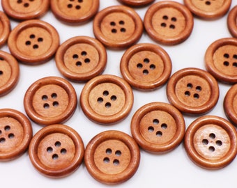 Brown Natural Wood Buttons,  4 Holes, Raised Edge, Medium Size, Simple Basic Style, 20mm, 0.78inch, For Coat Jacket Sweater Sewing DIY