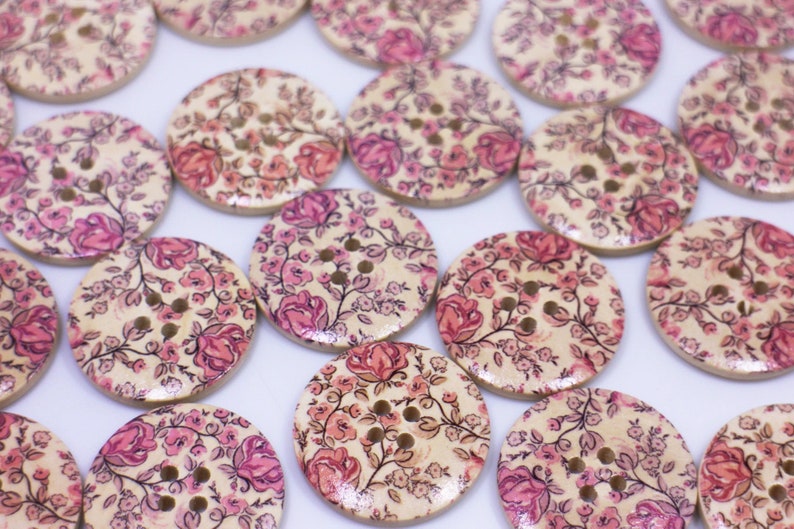 Pink Rose Wooden Button, Large Flower Pattern, Floral Print, Natural Wood, Four Holes, 30mm, 1.18inch, Pink and Beige, Vintage Style image 1