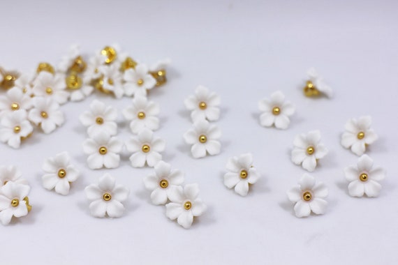 White Flower Shank Buttons, Japanese Sakura, Floral Shaped, White