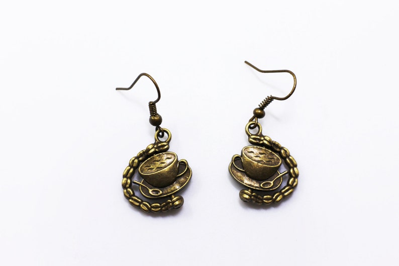 Coffee Mug Necklace Antique Bronze Jewelry,Bronze Color Jewellery Set,Retro Accessories Miniature Jewelries Coffee Cup Dangling Earrings