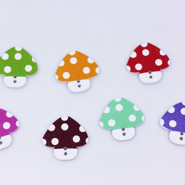 Mushroom Buttons, Polka Dot Pattern, Natural Wooden Material, Dot Patterns, botón de madera, Cute Fun Colorful, Two Holes, 25mm, 1inch