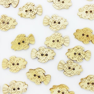 Fish Wooden Button, Natural Wood Color, 2 Holes, Flat Special Shape, Fun and Cute, Sea Lover, Coastal Theme Party Decoration, 24mm