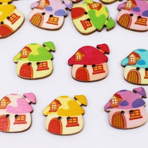 Haus Holzknöpfe, Kleine Häuser, Gemischte Farben, Flach Große Größe, Zwei Löcher, DIY Bastelbedarf, 25 mm, 1 Zoll, Rosa Lila Gelb Grün Rot