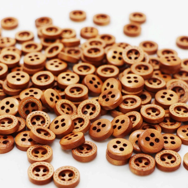 Mini Coffee Brown Wooden Button, Four Holes, For Sewing Shirt Blouse Pajama, Wide Edge,10mm, 0.39inch, Round Shape, Natural Wood Made
