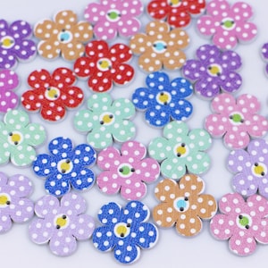花の木製ボタン、カラフルでかわいい楽しいガーリー、花の形、特別な形、ミックスカラー、フラットなラージサイズ、2穴、DIYクラフト用品、20 mm