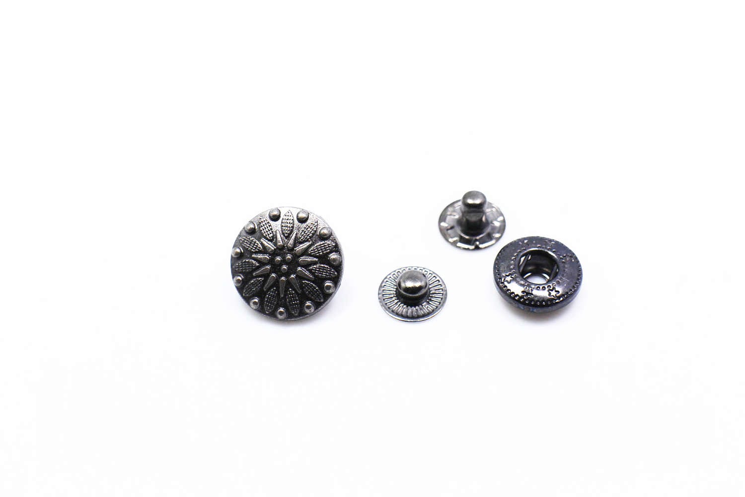 Dark Silver Metal Flower Snap Button, Floral Press Stud, Snap Popper, Snap Fastener, Leather Craft Closure,Metal Snap Buttons,Model 633,15mm
