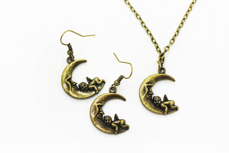 Moon Angel Dangling Earrings Antique Bronze Charm BOHO Chic Moon Baby Necklace Vintage Style Accessories Jewelries Set Bronze