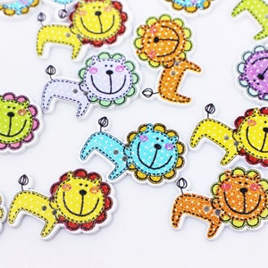 Lion Wooden Button, Animal Shaped, Two Holes, 30mm, Mixed Colors, Yellow Orange Green Blue, Cute Funny, Zoo Animal Theme, DIY Crochet Craft
