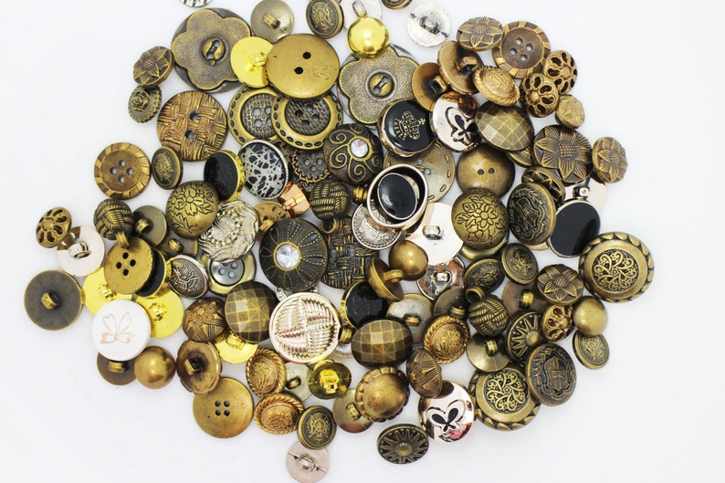 100 Vintage Style Mix Buttons, Assorted Mixed Lots, Shank, For Sewing Coat Jacket, Silver Bronze Golden Color, Retro Style, Plastic Made image 2