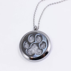 Dog Paw Essential Oil Necklace, For Perfume Diffuse Aromatherapy Oil, Case Locket Pendant, Stainless Steel, Silver Color, Large Round Shape