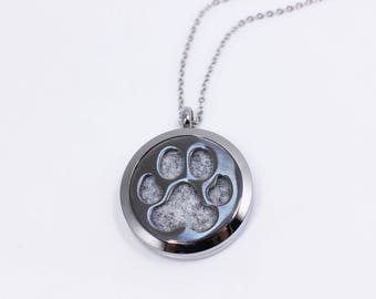 Dog Paw Essential Oil Necklace, For Perfume Diffuse Aromatherapy Oil, Case Locket Pendant, Stainless Steel, Silver Color, Large Round Shape