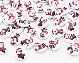 Santa Claus Wood Button, Christmas Xmas Decoration Ugly Sweater DIY, White and Red, Two Holes, 15mm, 0.59inch, Cartoon Cute Print, Round