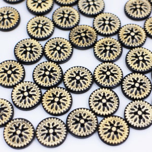 BOHO Wood Button, Bohemian Style, Flower Print, botón de madera, 4 Holes, Coat Button,  15mm, 0.59inch, For Sweater Clothing Sewing DIY