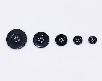 50 Black Buttons, Glossy Finish, Four Holes, Raised Edge, For Sewing Business Suit Blouse Shirt, 10mm, 11mm, 15mm, 20mm, 25mm,Small to Large