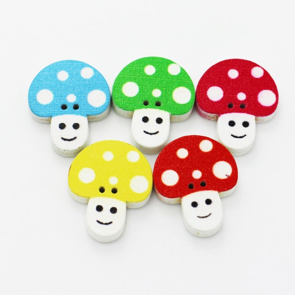 Mushroom Wooden Button, Cute Cartoon Mushroom, Polka Dot Pattern, Natural Wood, Red Blue Yellow Green White, 22mm, Cute and Fun, For Crochet