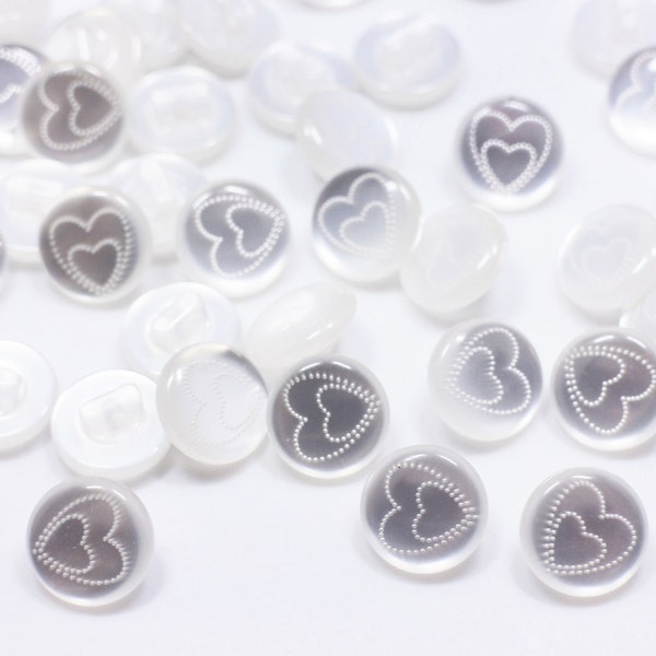 White Heart Shank Button, Mushroom Shape, Heart Print, For Sewing Dress Cardigan Blouse, Made of Resin, Sweet Cute, 12mm, Half Inch