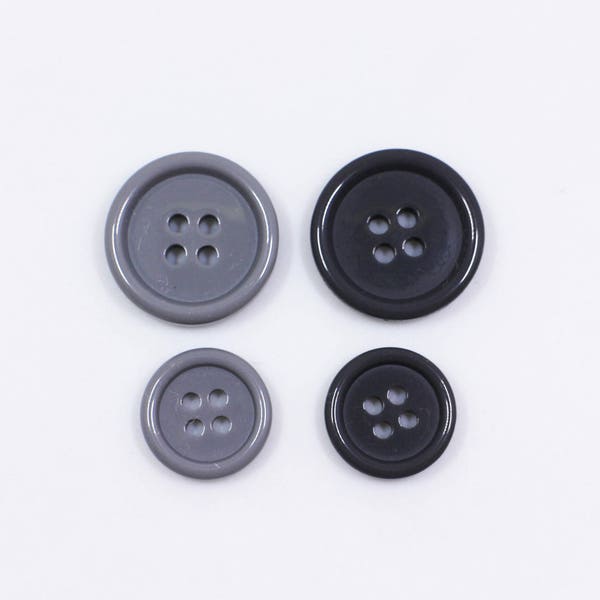 20 Grey Buttons, Four Holes, Resin Materail, For Business Suit Shirt Jacket Sewing, Raised Edge, 15mm, 20mm, Medium and Large Size, Simple