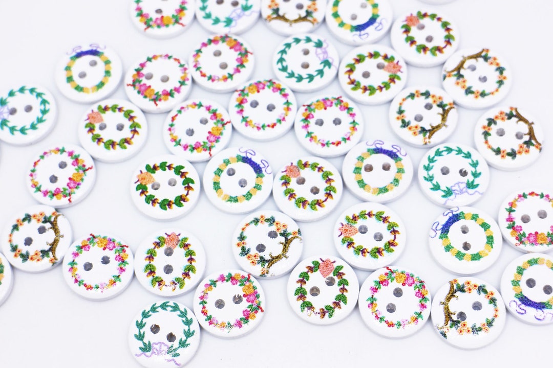 Wreath Button Pattern Flower Wreath Wooden Button, Floral Loop Pattern, White Background ...