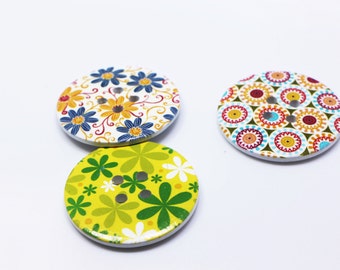 Large Flower Pattern Wooden Button, Floral Print, Huge Extra Large Size, Handicraft Decoration, Four Holes, 50mm, 2inch, Green Blue Orange