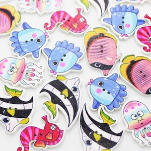 Sea Animal Wood Button, Assorted Style, Fish, Seahorse, Jellyfish, Two Holes, Mix Lots, 28mm, Large Flat Shape, Colorful Educational