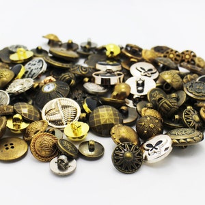 100 Vintage Style Mix Buttons, Assorted Mixed Lots, Shank, For Sewing Coat Jacket, Silver Bronze Golden Color, Retro Style, Plastic Made image 3