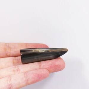May include: A dark brown and black horn button with a pointed tip. The button is smooth and has a natural, organic look.