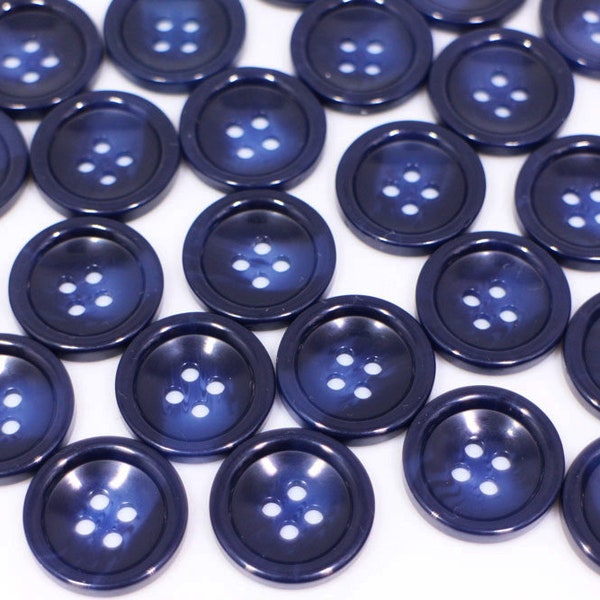 Dark Blue Blazer Button, For Sewing Business Suit Jacket, Glossy Finish, Bowl Shaped, Raised Edge, Four Holes, 15mm, 20mm, Medium Size