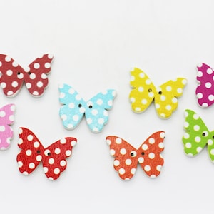 Schmetterling Holzknopf, Polka Dot Muster, Cartoon Schmetterlinge Form, Gemischte Farben, Rot Orange Grün Gelb Rosa Blau, Flach Große Größe, 27 mm
