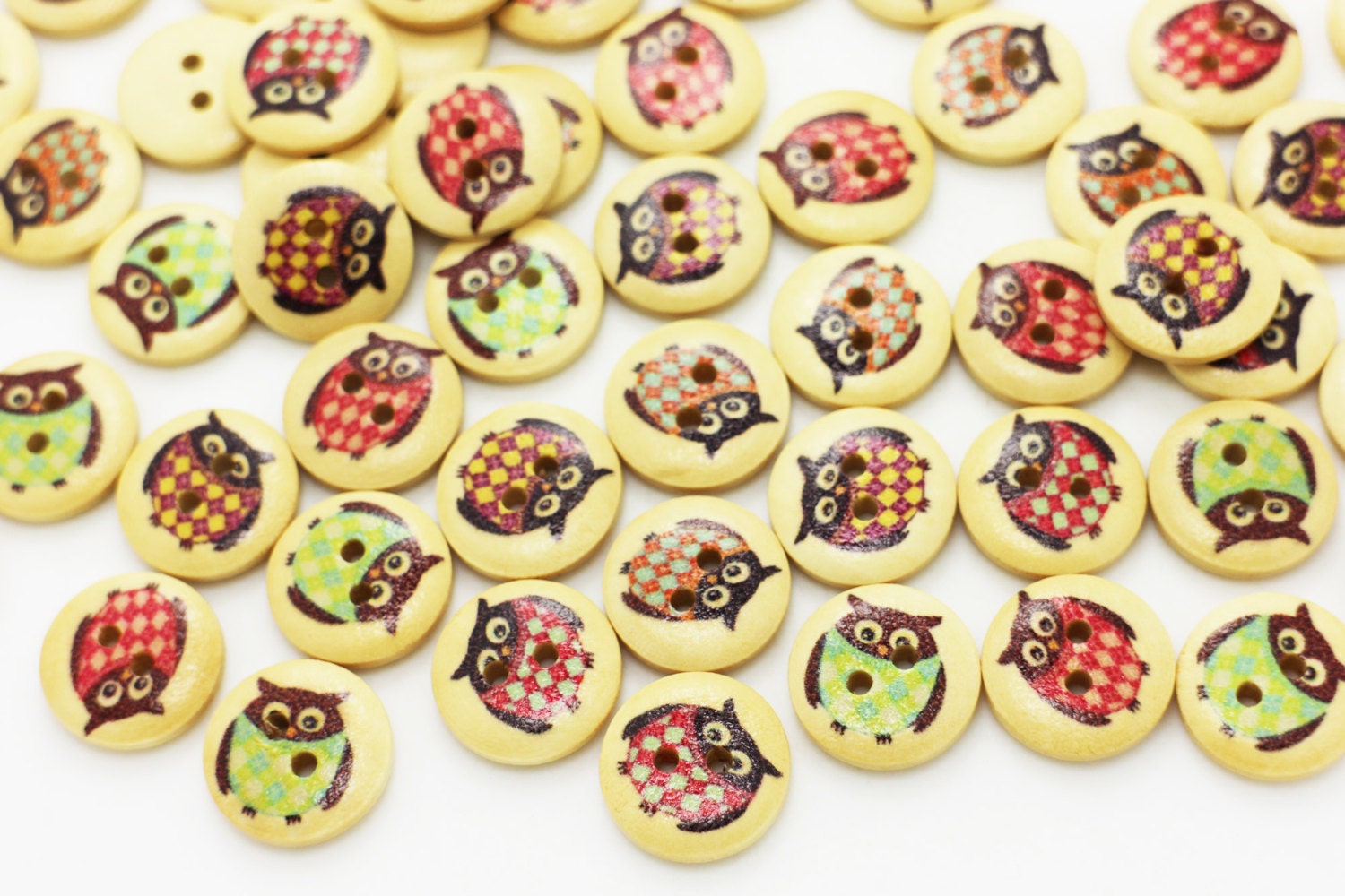 Owl Wooden Button, Animal Bird, Cartoon Decorative, Natural Wood, Two Holes, 15mm, 0.59inch, Plaid P