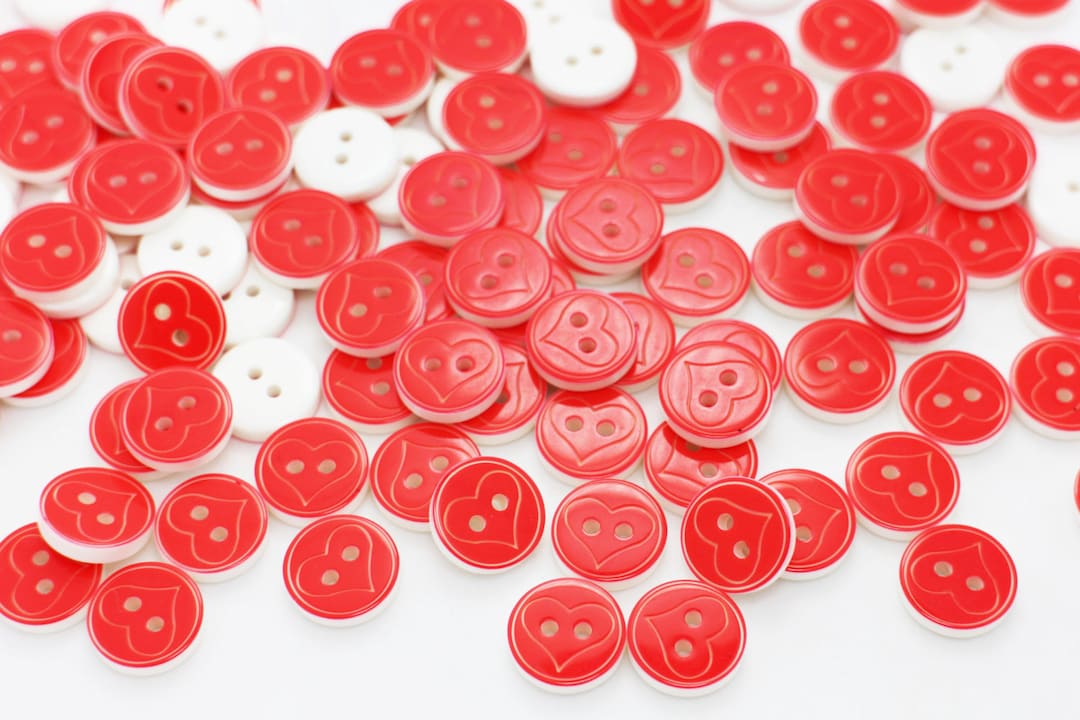 Red Heart Button, Red and White Color, Heart Shape Cut Out, Two Holes ...