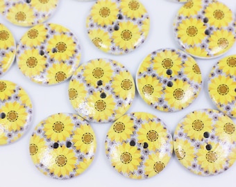 Sunflower Wooden Button, Yellow Flower Buttons, Two Holes Wood Buttons, Floral Pattern Buttons, Sweater Buttons, botón de madera 25mm