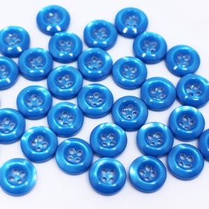 Bright Blue Buttons, Lake Blue Color,Shiny Finish, Small Size, Made of Resin, Four Holes, 11.5mm, 9mm, Extra Small and Standard Size, 20pcs