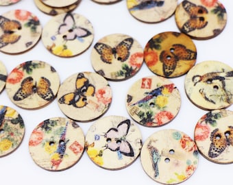 May include: Assortment of round wooden buttons with various vintage-inspired designs featuring butterflies, birds, and floral patterns. The buttons are beige with a light wood grain and have two holes.